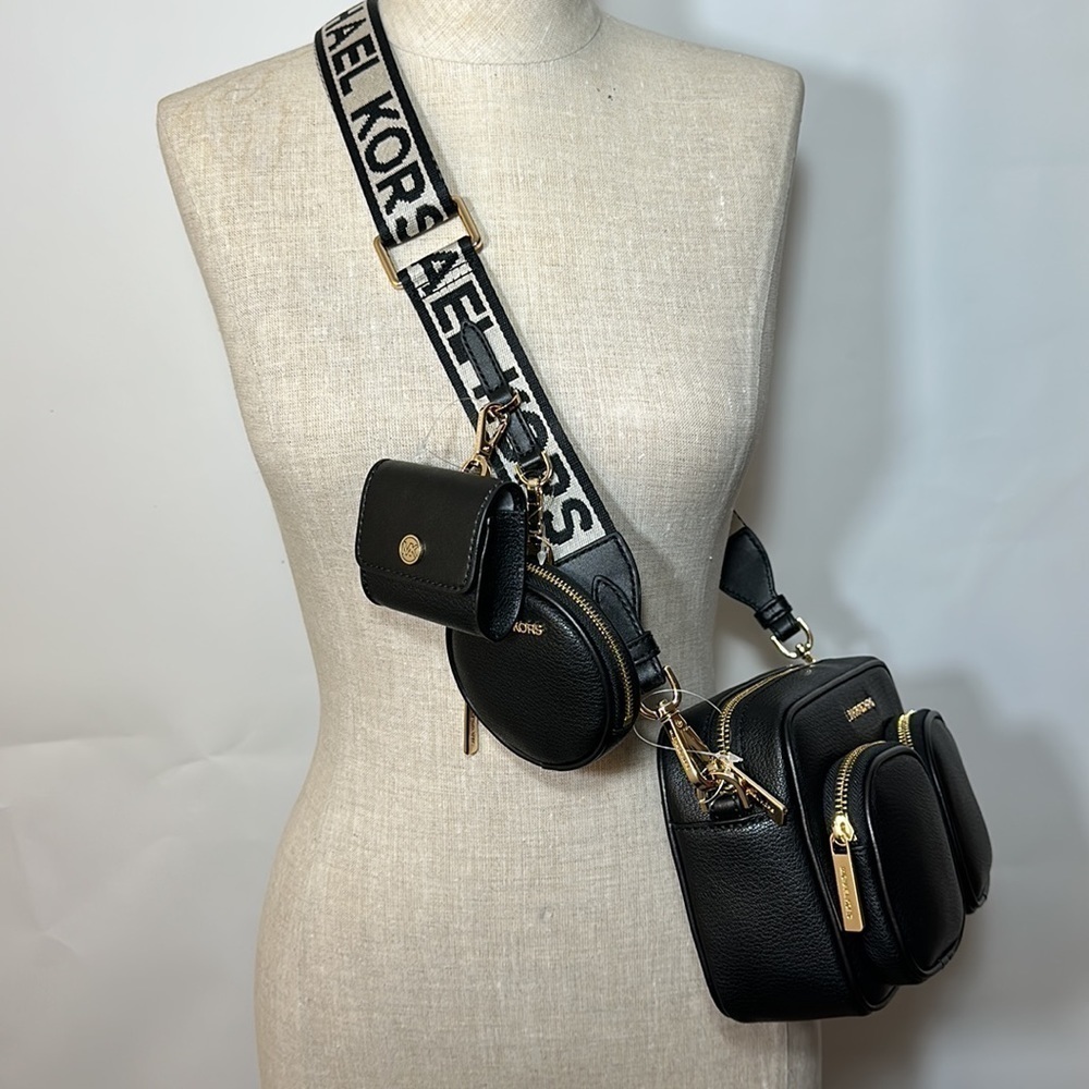 Michael Kors leather Jet Set travel crossbody black tech pocket pouches AirPods - Picture 2 of 12